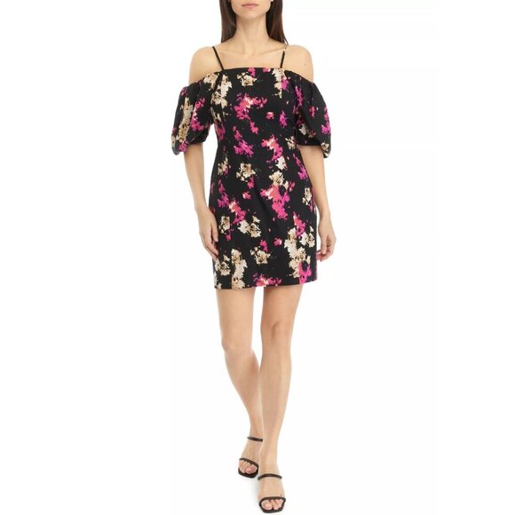 NWT DKNY by Donna Karan Off Shoulder Puff Sleeve Floral Linen Shift Mini Dress - Picture 1 of 3